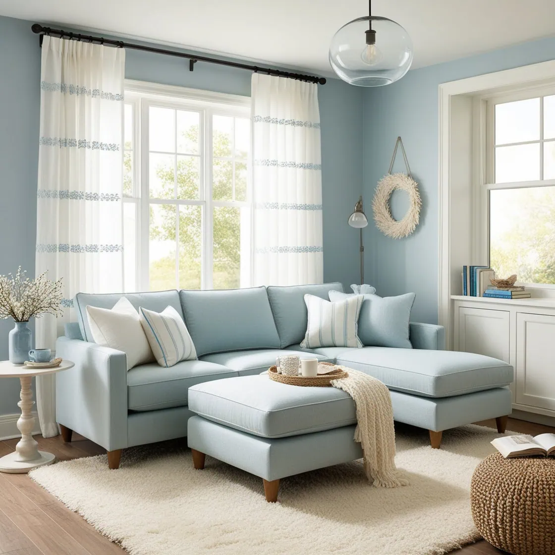 Light blue paint color makes a small living room feel fresh 