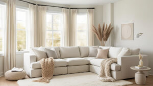 Corner sofa with chaise lounge in a cozy small apartment