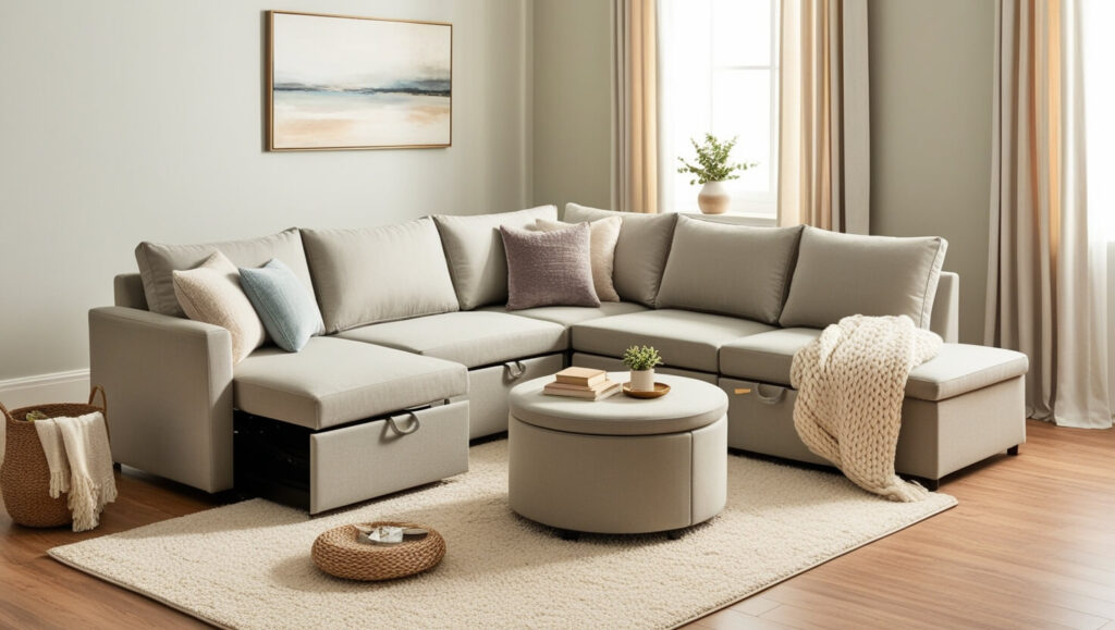 Compact L-shaped corner sofa with storage in a small living room