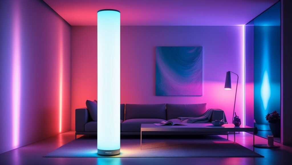 Govee smart LED floor lamp glowing with colorful ambient light