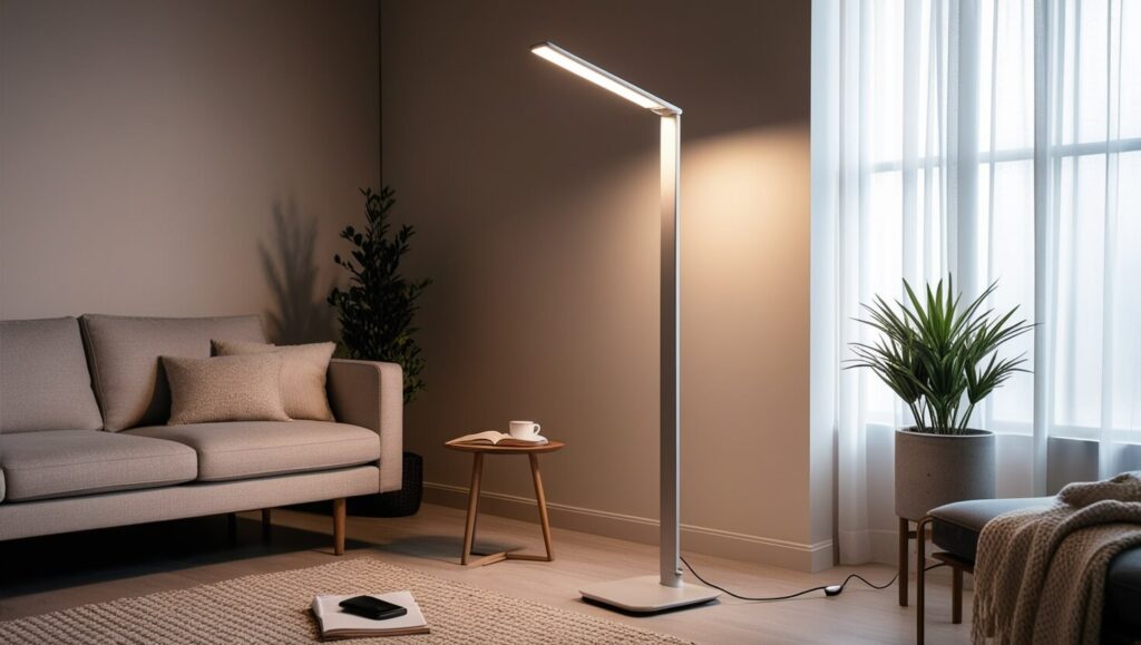 Modern remote-controlled standing lamp beside a gray sofa