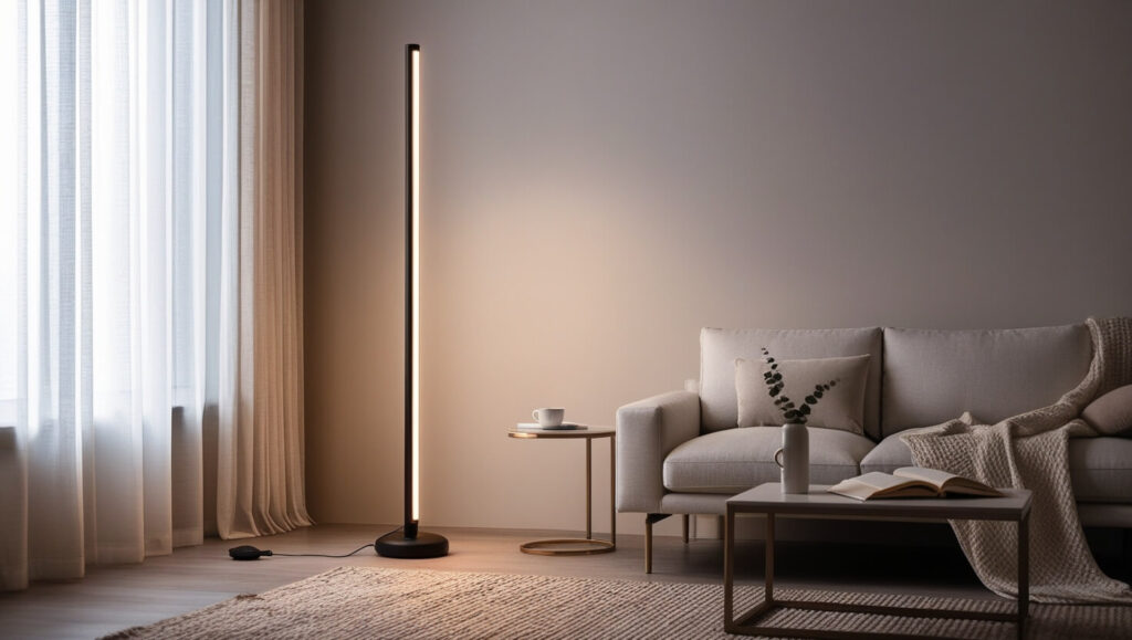 Brightech Sky floor lamp lighting up a corner in a modern living room