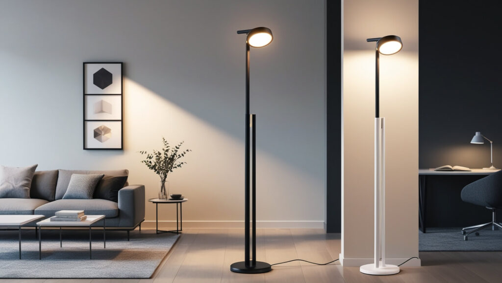 Wooden tripod lamp with linen shade in a cozy living room