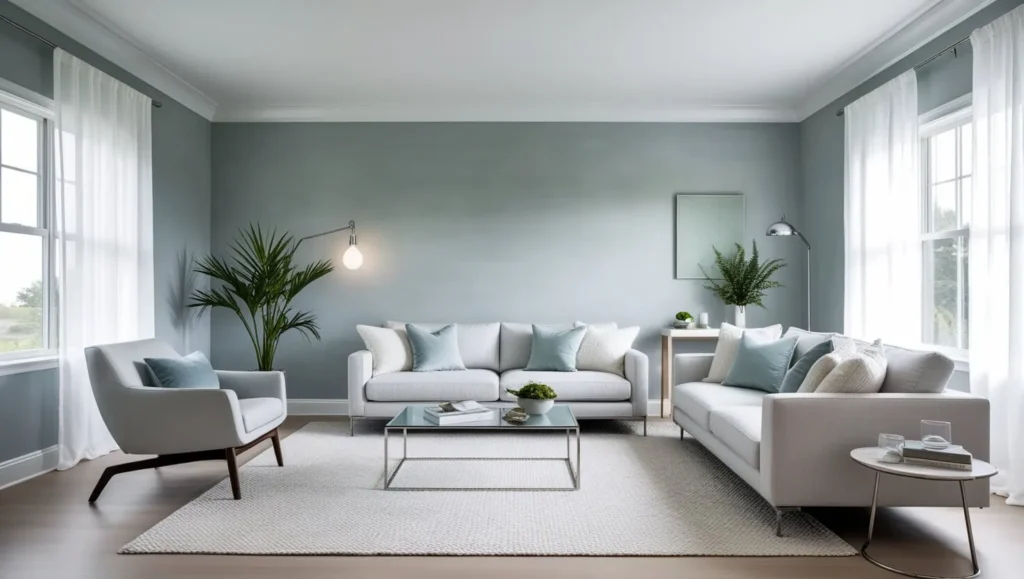 Pale blue painted living room with natural light and minimal decor