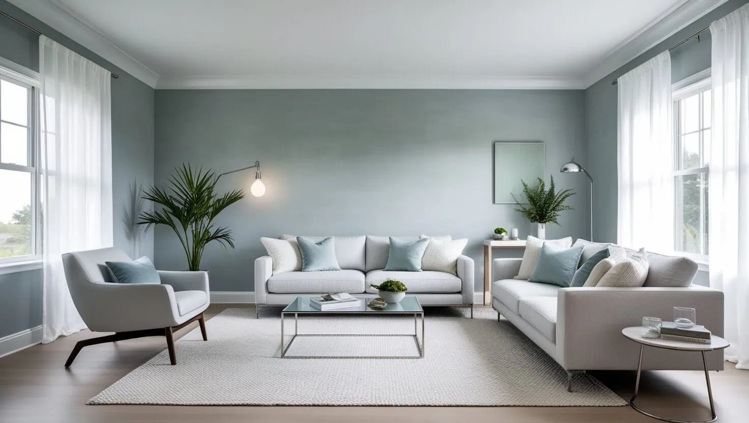 Pale blue painted living room with natural light and minimal decor