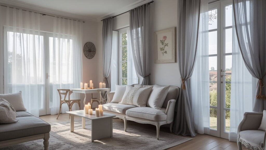 Classic sheer curtain panels hanging in bright living room