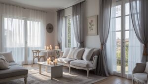 Classic sheer curtain panels hanging in bright living room