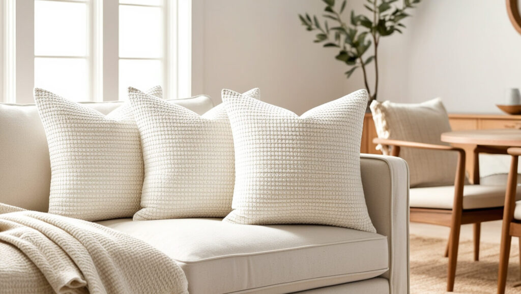 Vacuuming throw pillows to remove dust