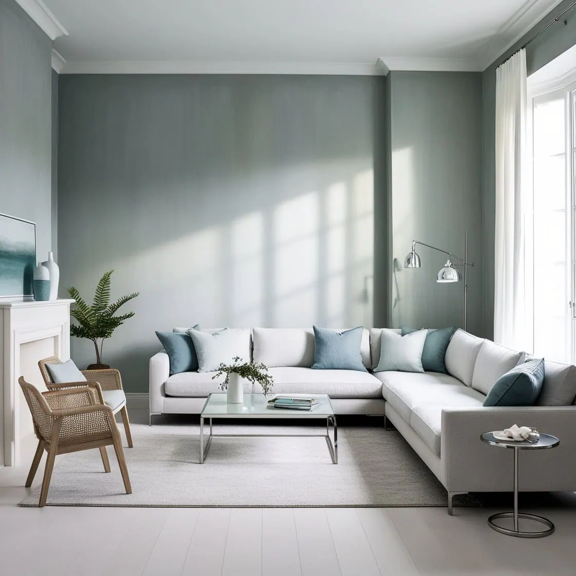 Light gray living room wall color for a soft, spacious look