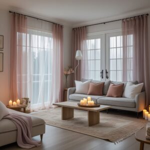 Living room with soft fall lighting and textures
