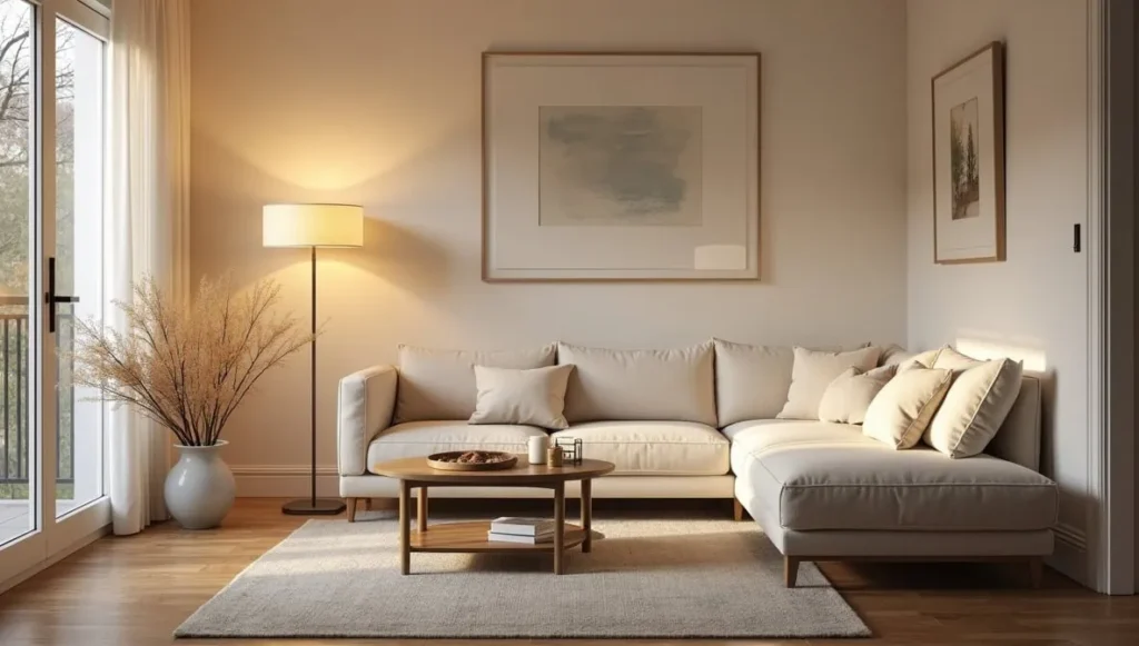Minimalist LED standing lamp in a small apartment