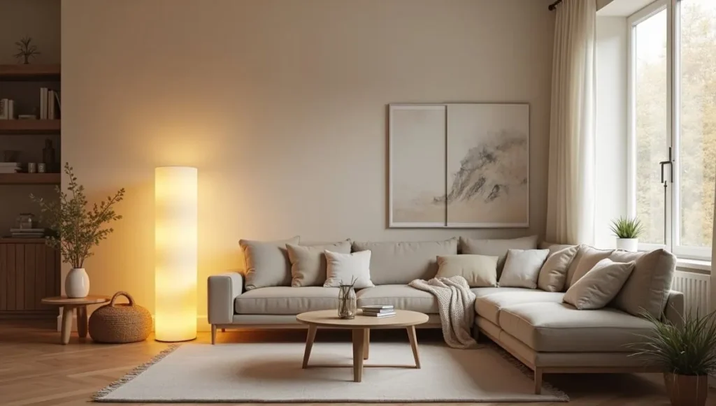 Multi-light LED floor lamp in a modern seating area