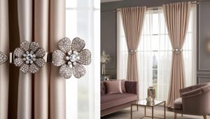 Elegant sheer curtain panels with view of living room plants