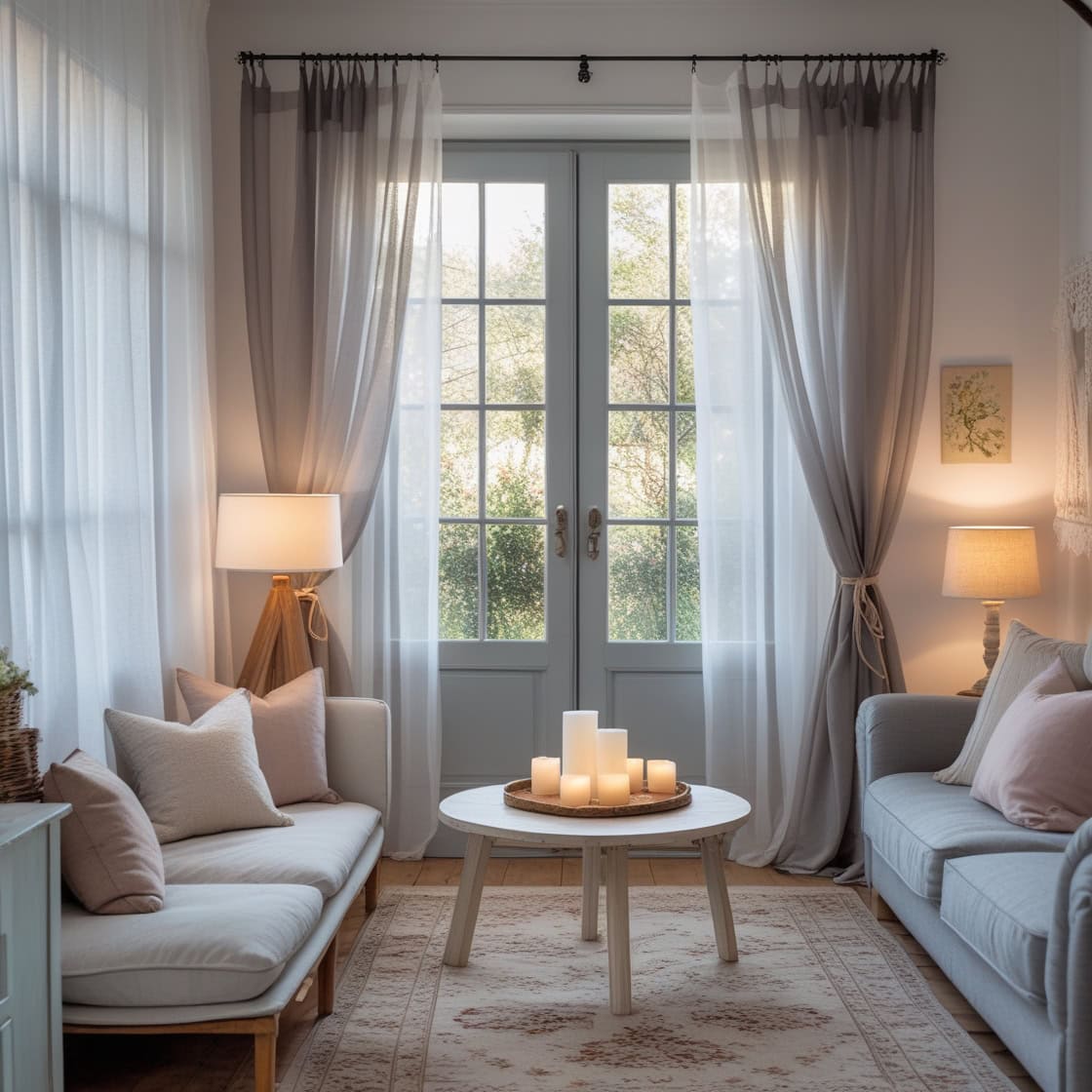 Elegant sheer curtains framing a large window with greenery outside