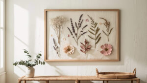 Set of framed vintage botanical wall art prints on white wall