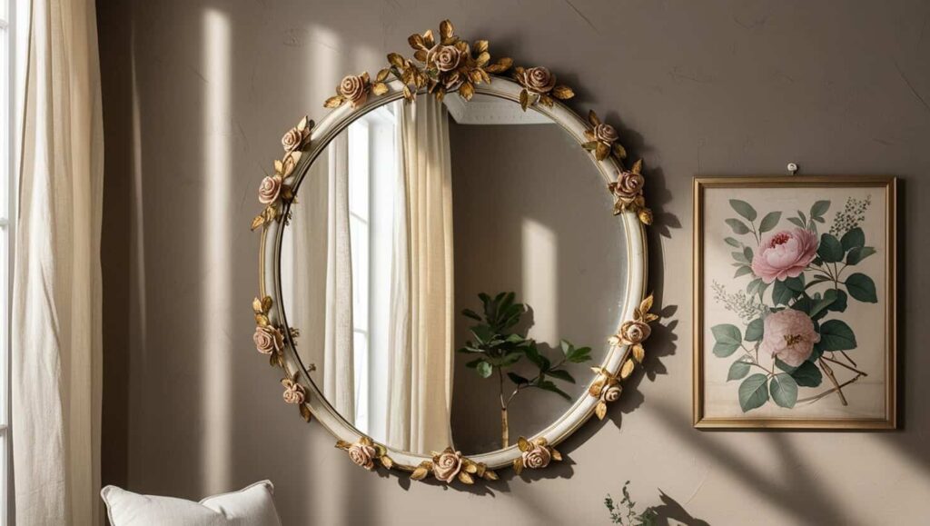 Soft pink flower print in vintage botanical wall art style