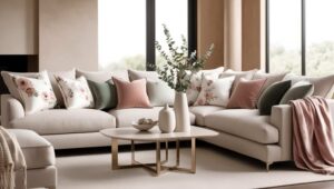 Cozy beige sofa with warm-toned flower pillow covers creating a welcoming vibe