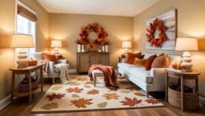 Accent tray with autumn decor items on an ottoman in a small living room