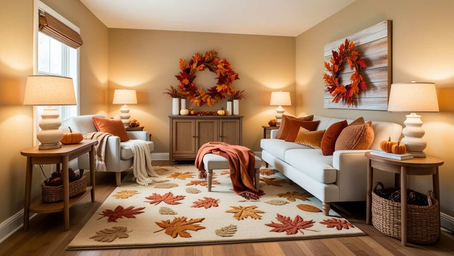 Accent tray with autumn decor items on an ottoman in a small living room