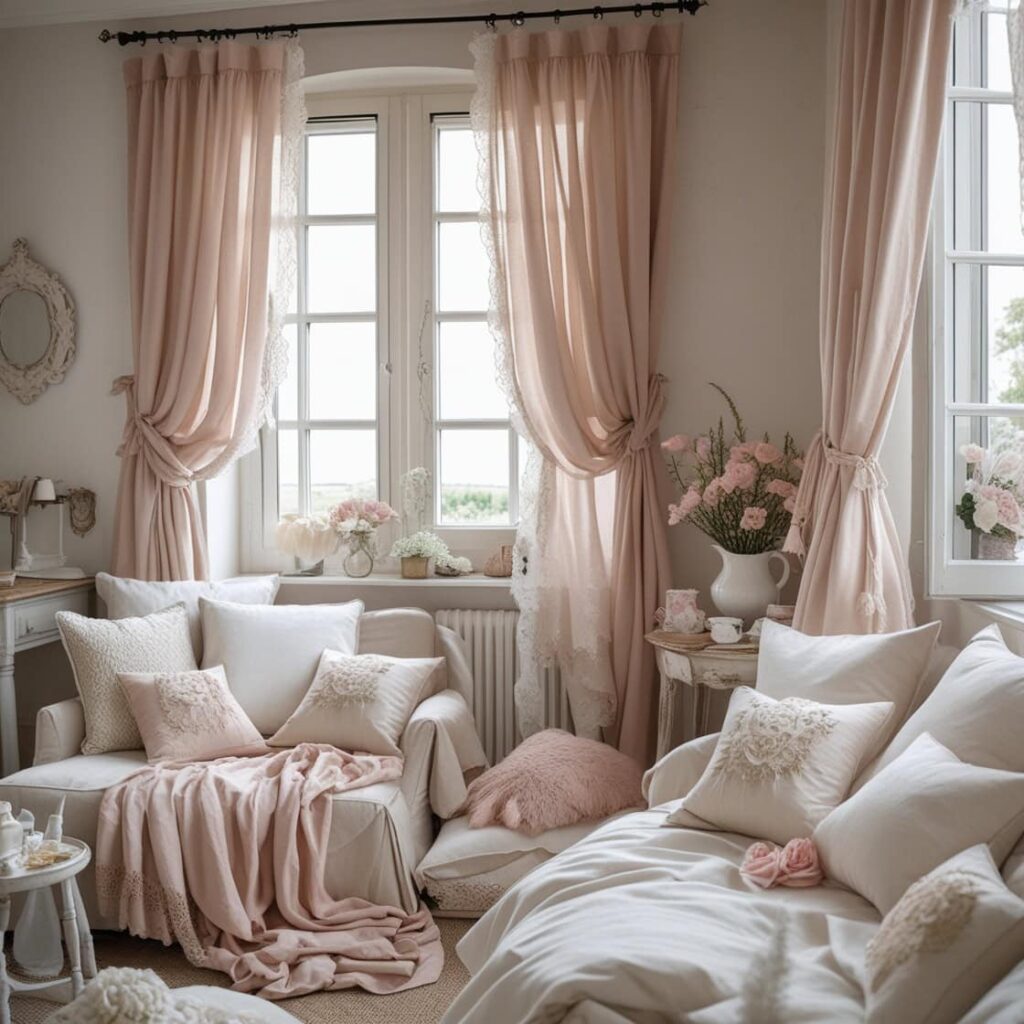 Cozy living room decor with a neutral sofa and soft pillows.