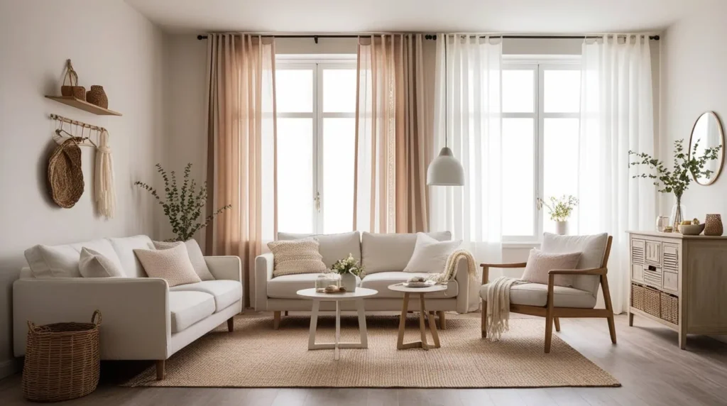 living room with white and being curtains