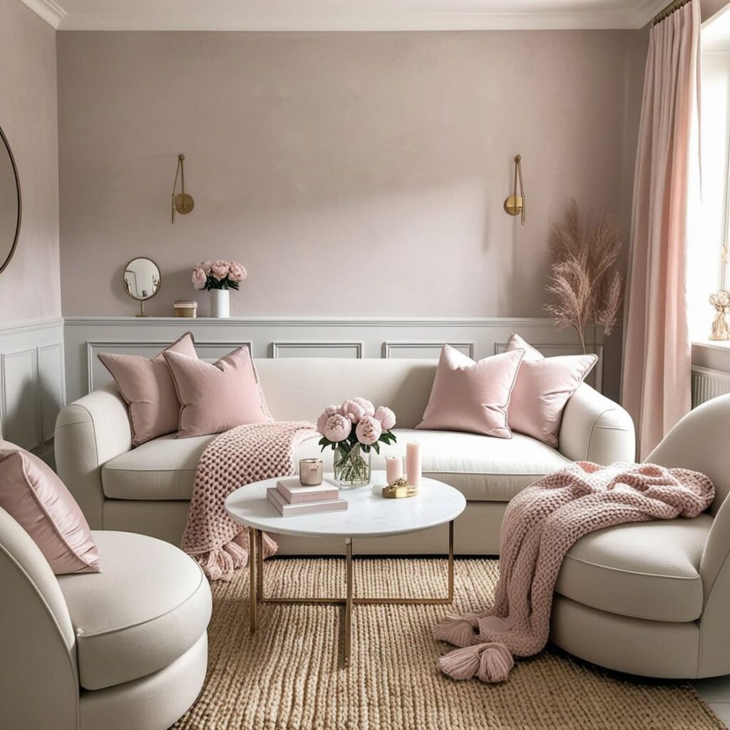 Minimalist cozy living room decor with warm and soft tones.