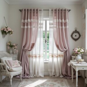 Sheer linen curtains swaying gently in a sunlit living room window.