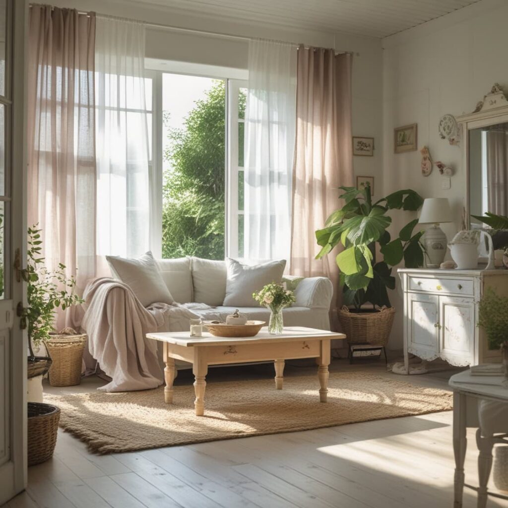Soft white linen sheer curtains flowing with natural sunlight in a cozy living room