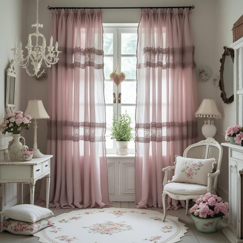 soft pink linen curtains at sunset in a cozy living room.