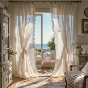 Sheer linen curtains with a vase of fresh flowers on the windowsill.