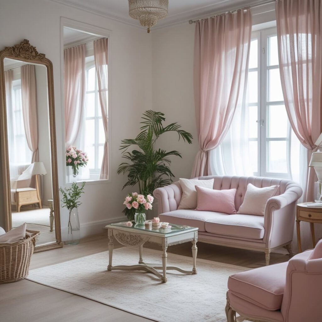 Warm lighting enhances cozy living room decor with pillows.