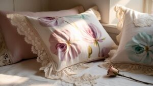 Close-up view of soft pastel flower pillow covers with lace details for a romantic feel
