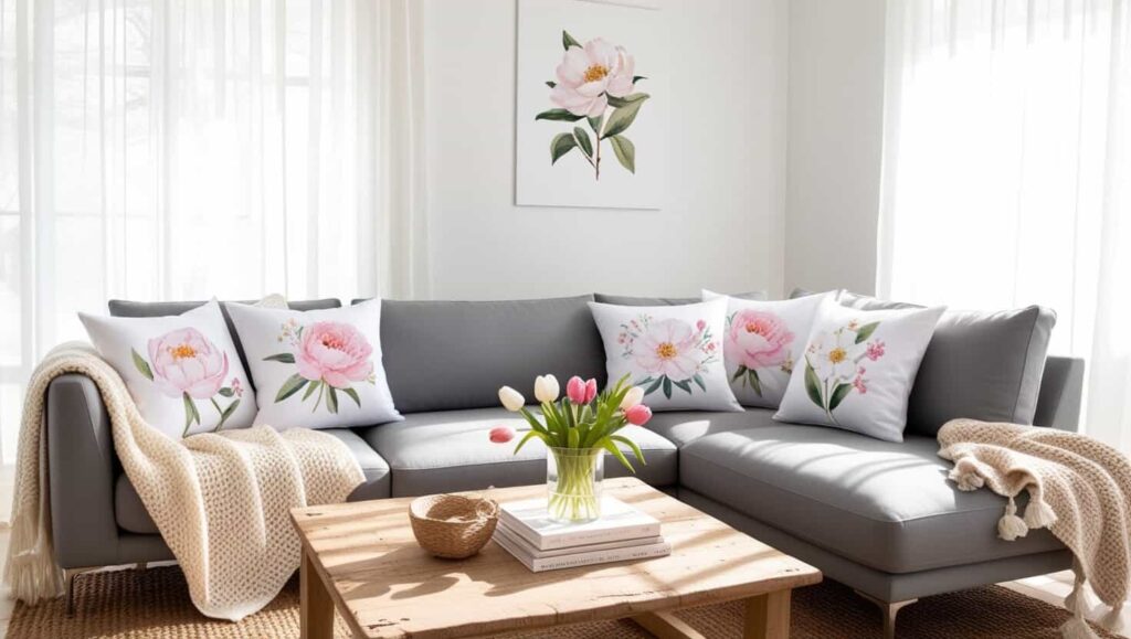 Bright spring living room with soft flower pillow covers adding freshness to a grey couch