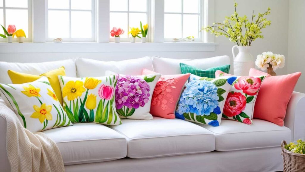 White couch decorated with bright spring flower pillow covers adding charm and freshness