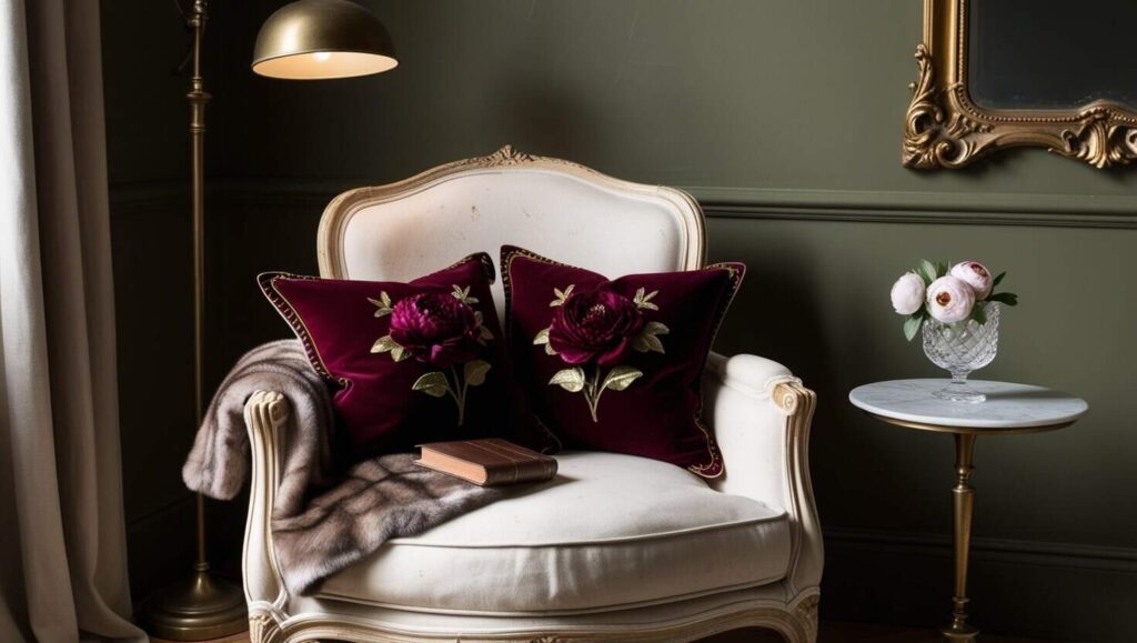 Velvet flower pillow covers placed on a vintage chair for an elegant cozy corner