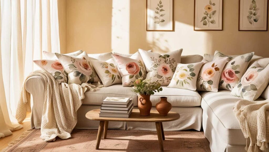 Soft and calm living room with pastel decor and cozy lighting