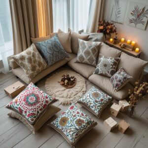 A cozy living room decorated with an eclectic mix of colorful block print pillow covers on the sofa.