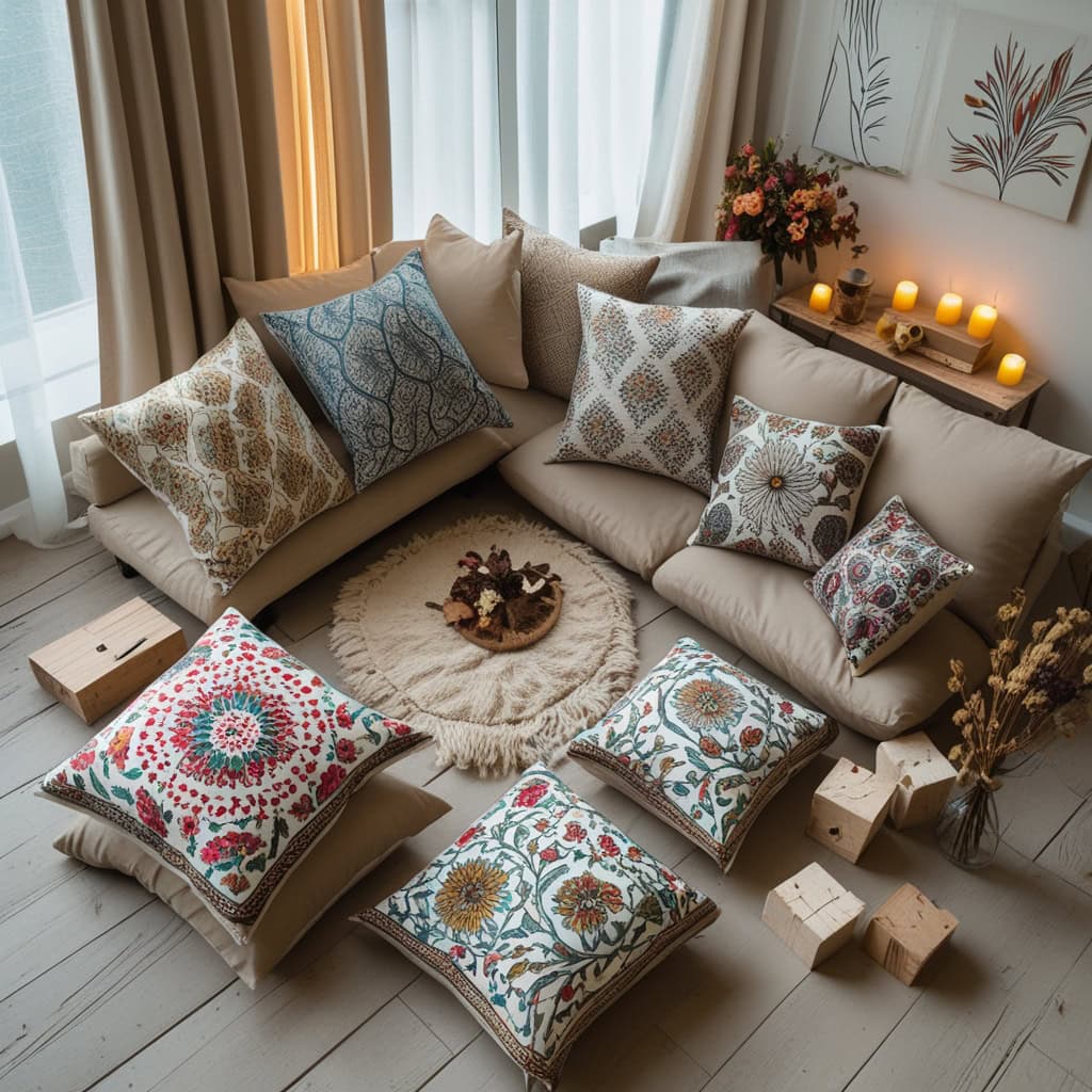 A cozy living room decorated with an eclectic mix of colorful block print pillow covers on the sofa.