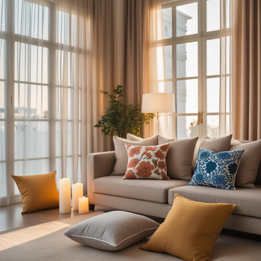 A relaxed, bohemian seating area with large floor cushions made from ethnic block print fabric.