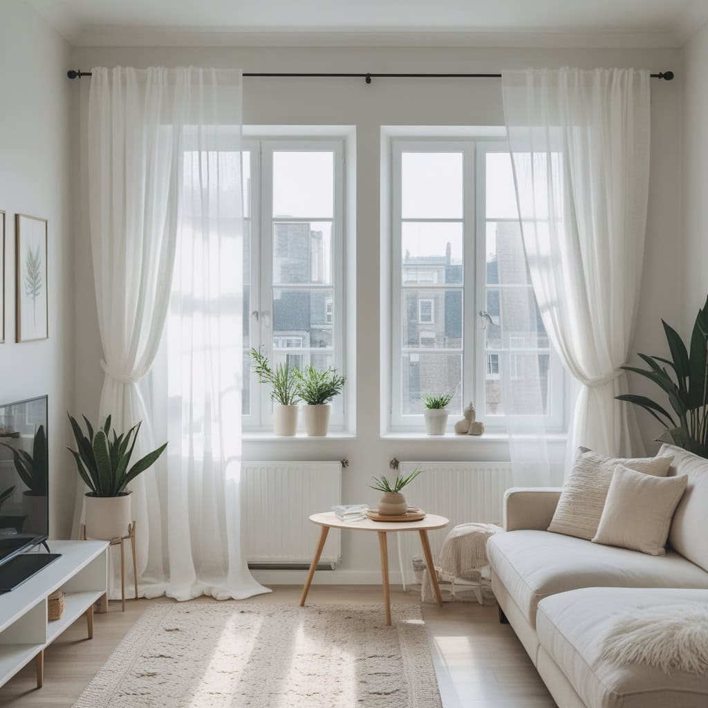 Cozy small apartment decorated with curtains