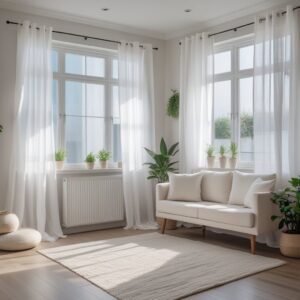 Floor-length white linen blackout curtains in a modern living room