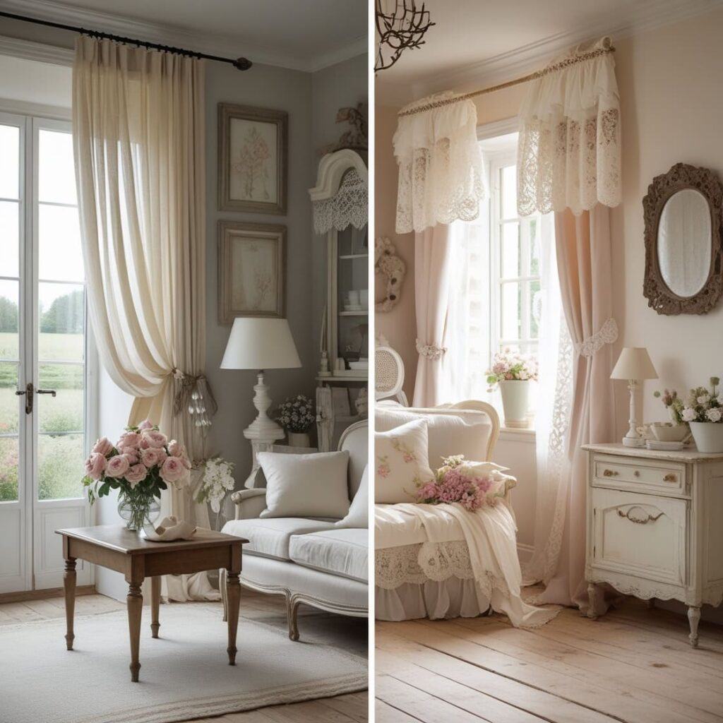 Elegant lace curtains in a vintage-inspired living room