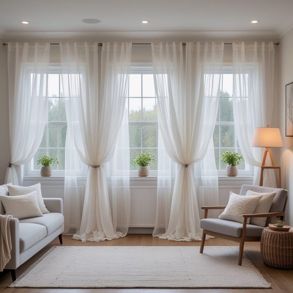 Floor-length curtains making a compact room look taller