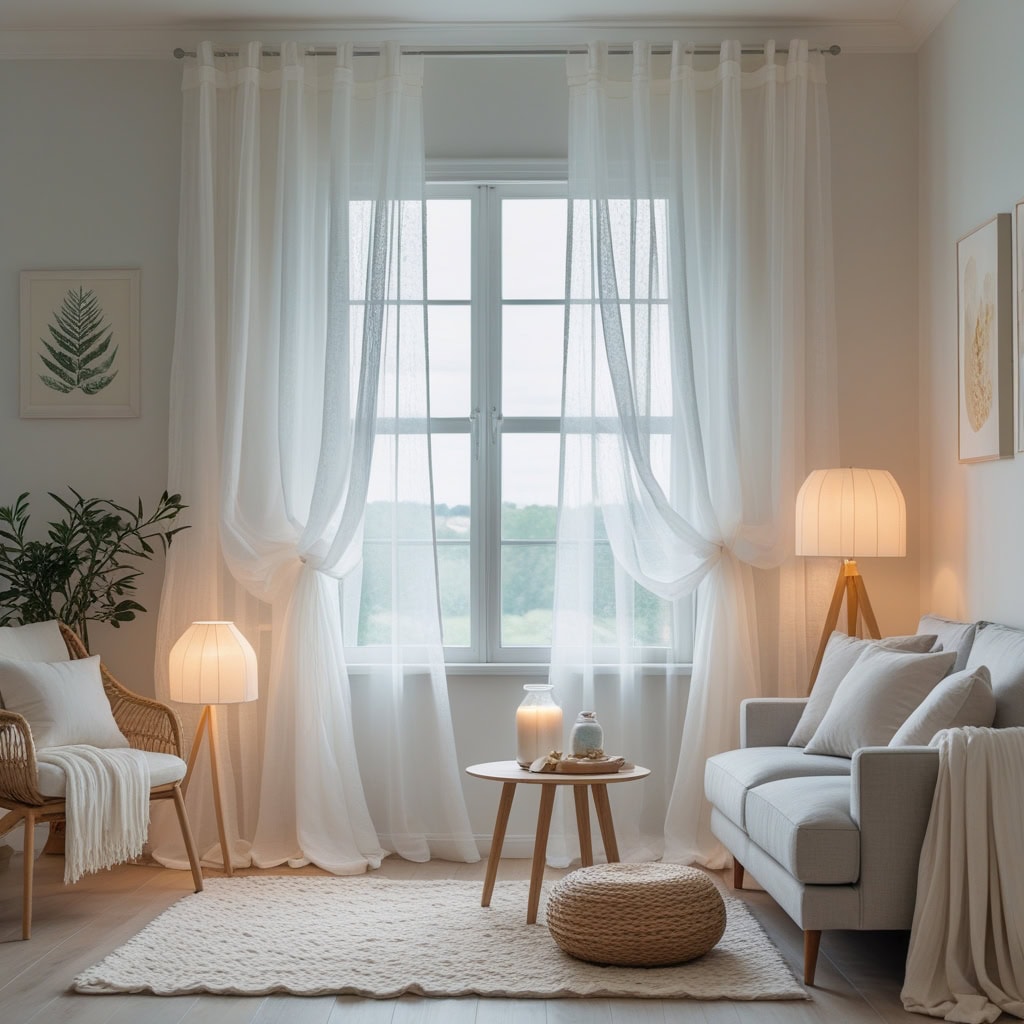 Minimalist small living room with white linen curtains