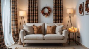 Plaid fall curtains for small living room with rustic farmhouse style