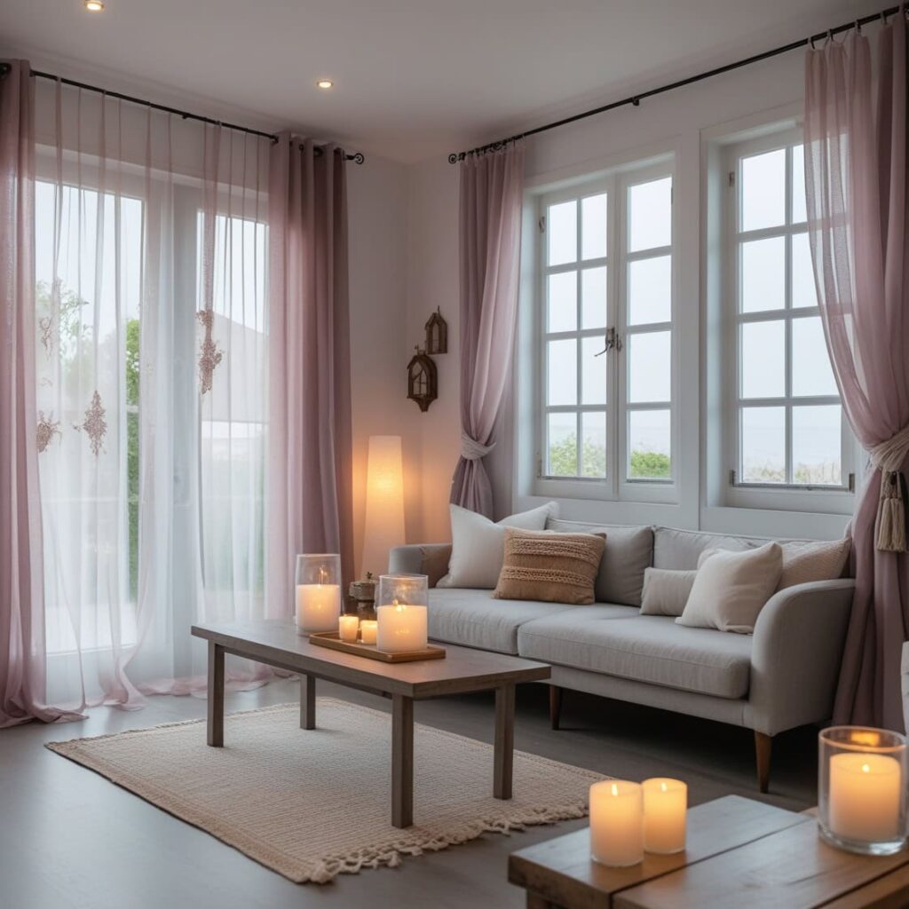 Minimal living room with roller shades and clean-line furniture