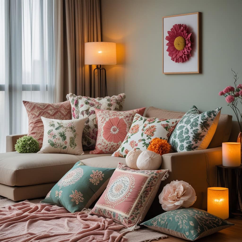 A modern beige sofa decorated with a collection of indigo and off-white printed cushions.