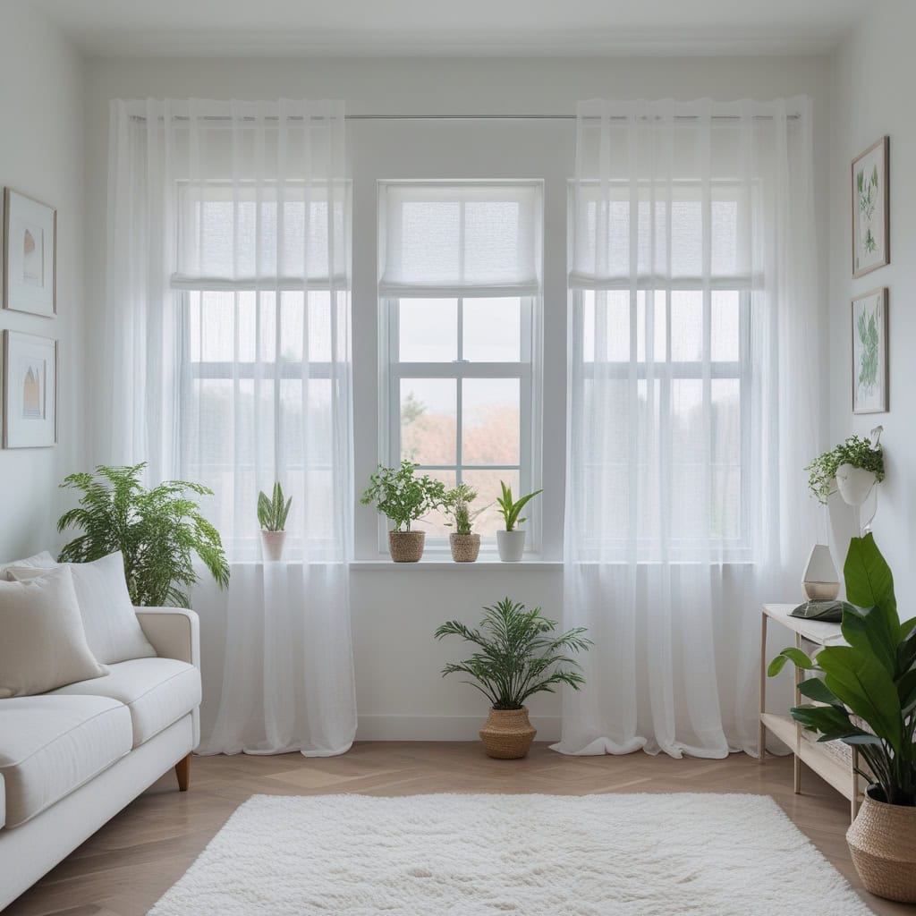 Minimalist living room with airy white curtains 