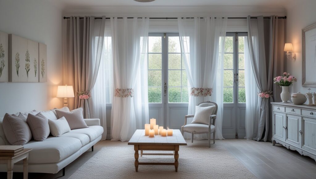 Seasonal window treatment with sheer curtains in summer
