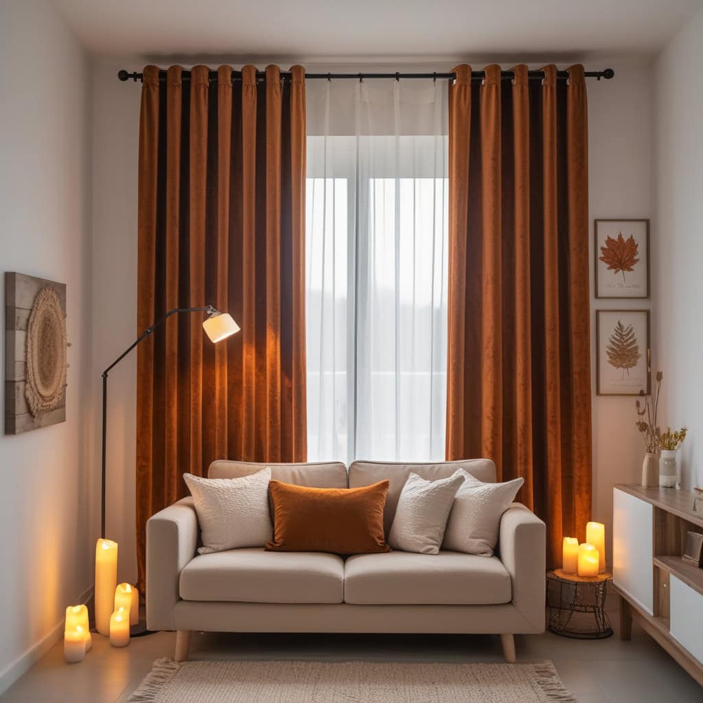 Elegant velvet curtains for living room with autumn décor
